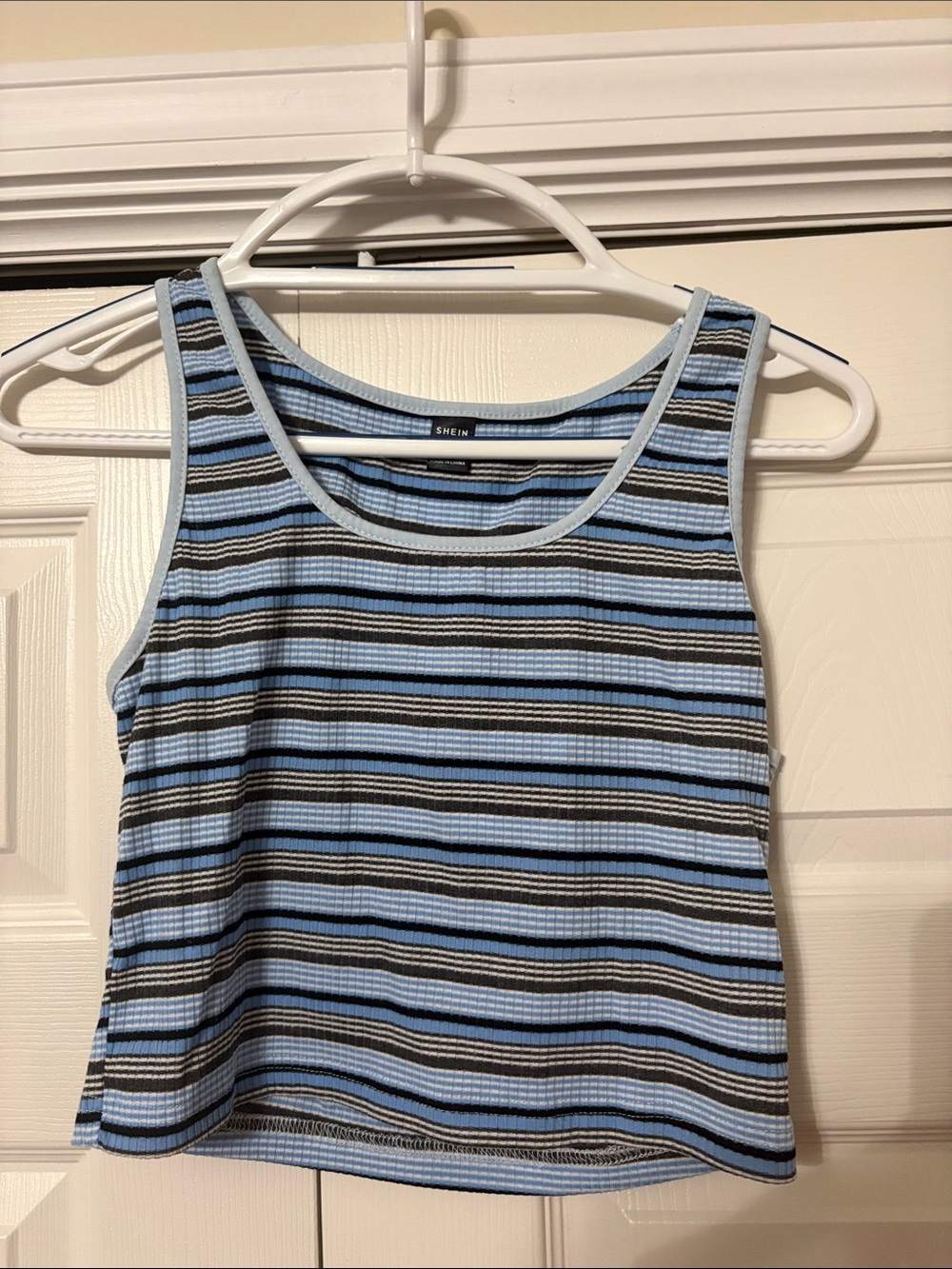 SHEIN Light Blue, Black & White Striped Ribbed Tank